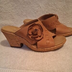 Clarks Tan Cork Wedge Slide Sandals with Floral Applique
